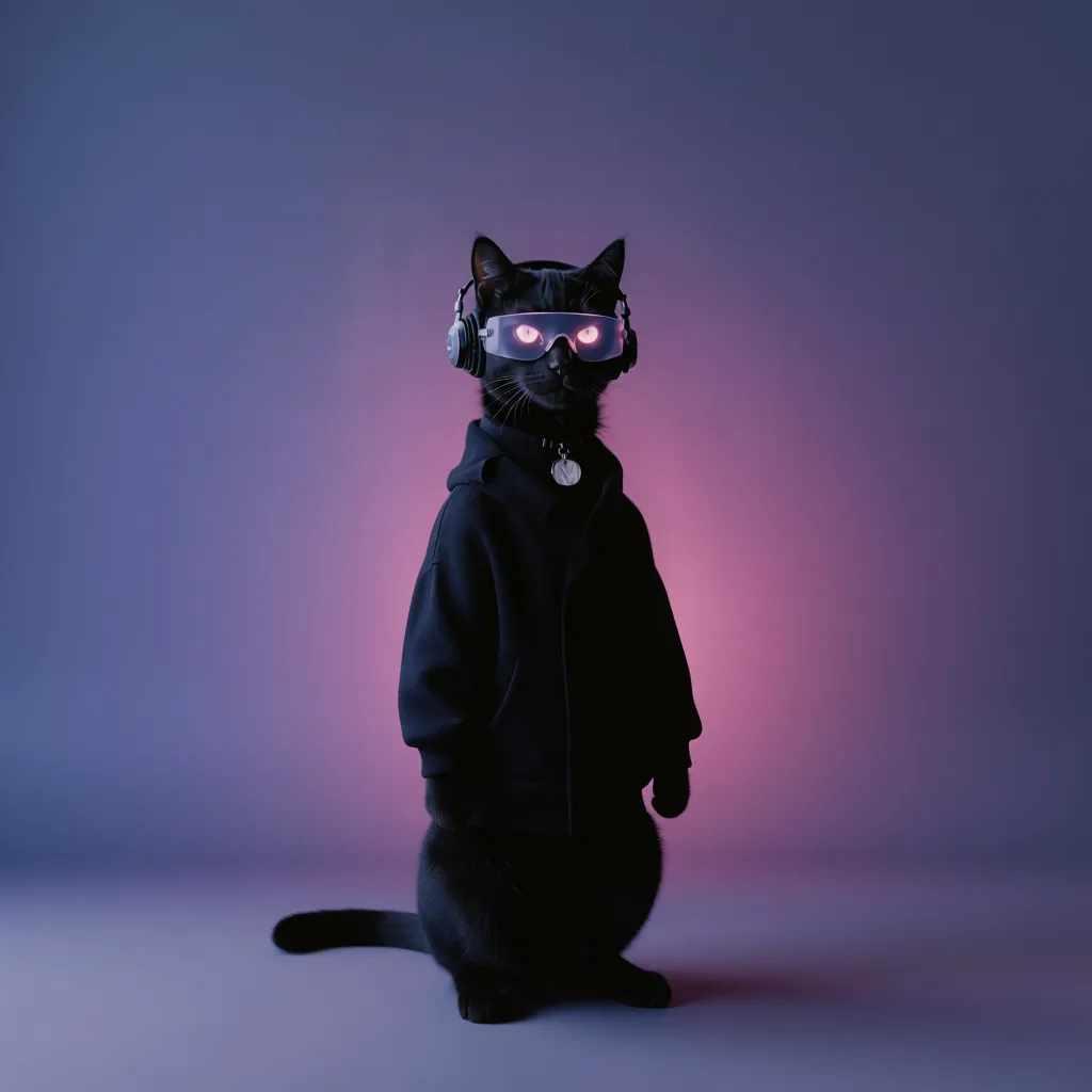 MIEZIMANN als schwarze Katze im Hoodie mit leuchtender Brille